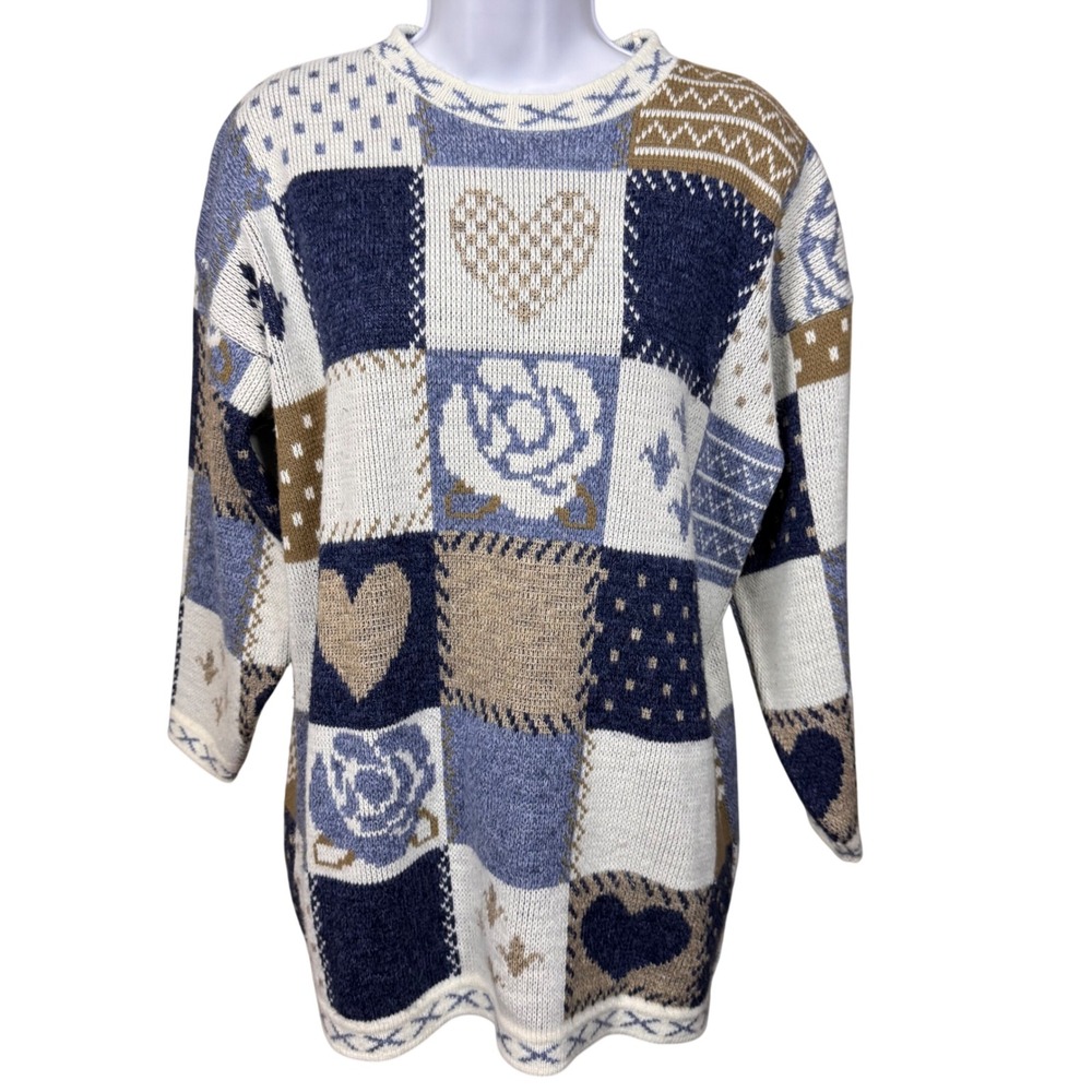 Vintage Patchwork Heart Rose Knit Sweater M Cottagecore Grannycore Cabincore Mom